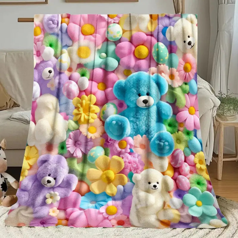 2D Teddy Pastel Floral Print Throw Blanket - Kawaii Plush Super Soft Cozy Aesthetic Throw for Bedroom Room Decor, Whimsical Home Decor Item, Cool Gift for Kids