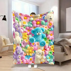 2D Teddy Pastel Floral Print Throw Blanket - Kawaii Plush Super Soft Cozy Aesthetic Throw for Bedroom Room Decor, Whimsical Home Decor Item, Cool Gift for Kids
