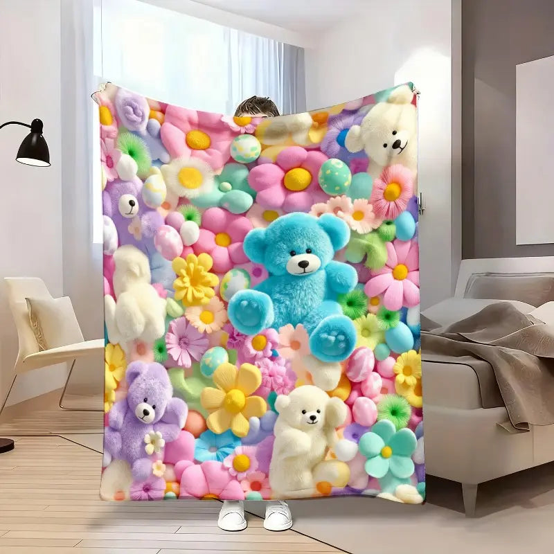 2D Teddy Pastel Floral Print Throw Blanket - Kawaii Plush Super Soft Cozy Aesthetic Throw for Bedroom Room Decor, Whimsical Home Decor Item, Cool Gift for Kids