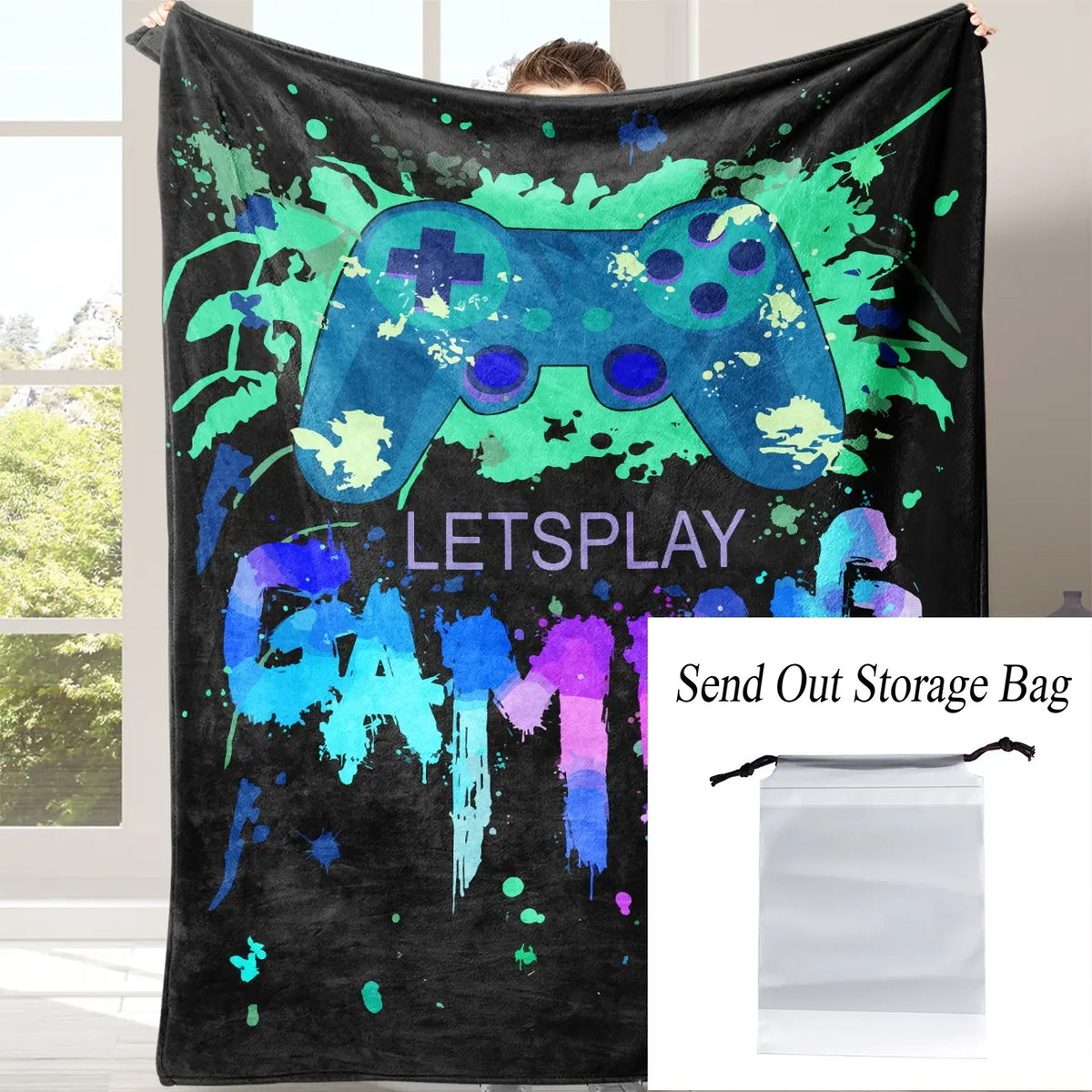 Gamepad Pattern Flannel with Storage Bag, 1 Count Soft Throw Blanket for Sofa, Bed, Couch, Warm & Comfortable Blanket for Home, Travel, Camping, Office, Flannel Throw Blankets, Lightweight Flannel Blanket, Soft Blankets and Throws