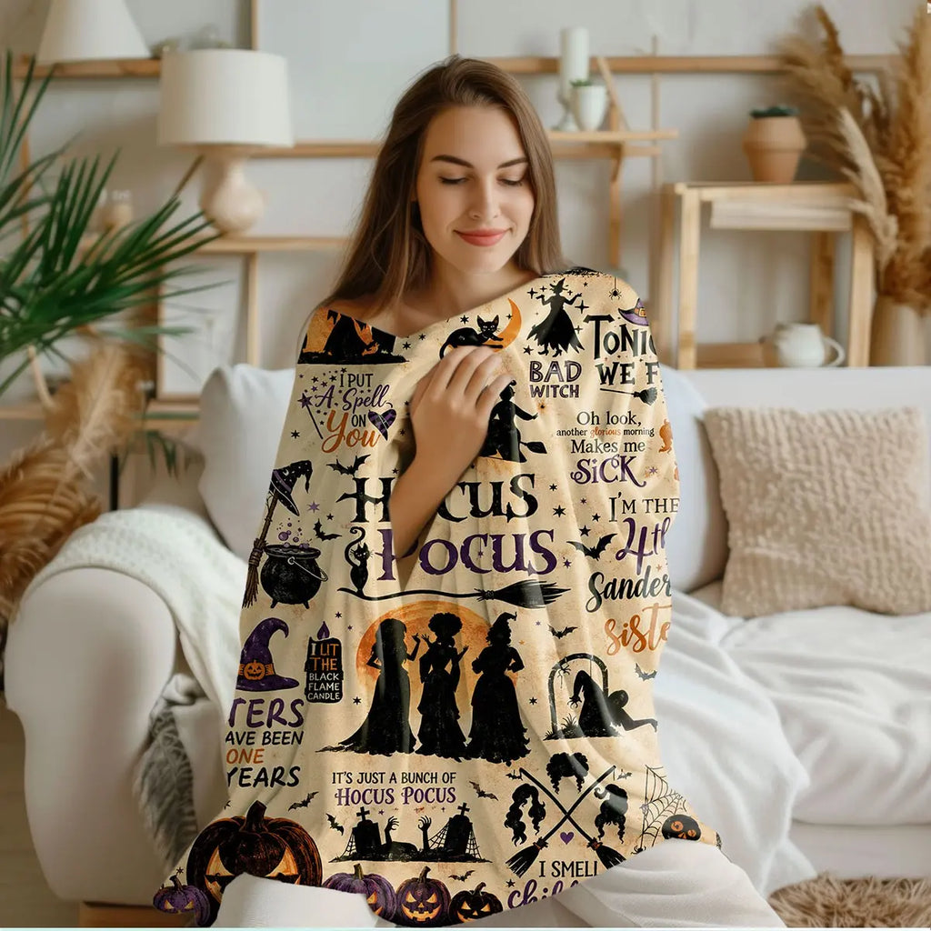 Comfortable Halloween Three Witches & Pumpkin Print Flannel Blanket, Soft Warm Anti-Pilling Cozy Throw, Ideal Fall & Winter Gift, Fall Blankets