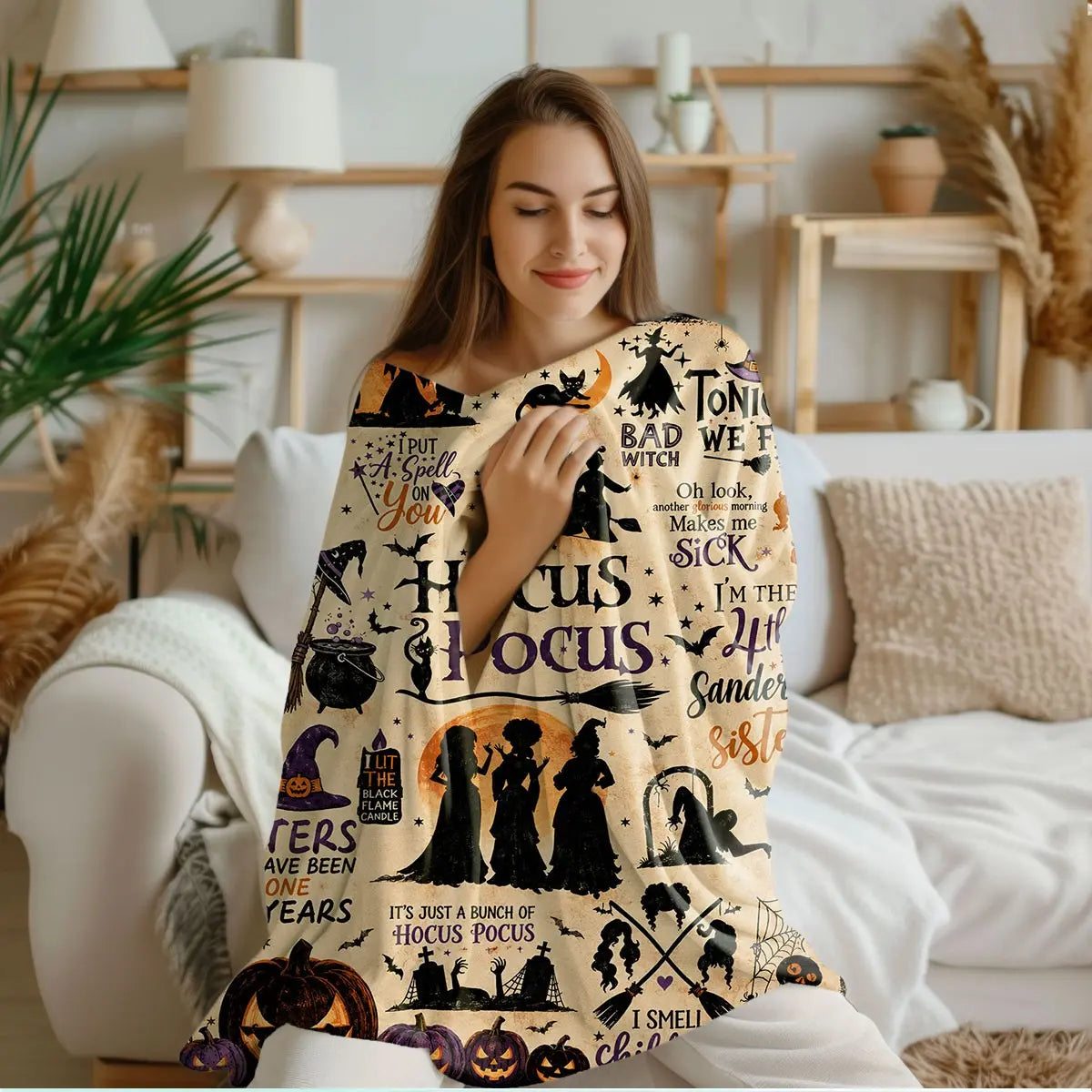 Comfortable Halloween Three Witches & Pumpkin Print Flannel Blanket, Soft Warm Anti-Pilling Cozy Throw, Ideal Fall & Winter Gift, Fall Blankets