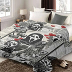 Ghost Face Roses Floral Cassette Embroidery Flannel Blanket - Soft, Warm, Lightweight, Wrinkle Resistant, Art Print Throw with Floral Accents & Face Print Option, Bedroom Decor, Halloween Decorations, House Decor Gift