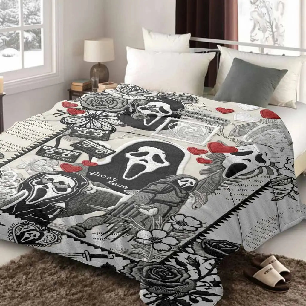 Ghost Face Roses Floral Cassette Embroidery Flannel Blanket - Soft, Warm, Lightweight, Wrinkle Resistant, Art Print Throw with Floral Accents & Face Print Option, Bedroom Decor, Halloween Decorations, House Decor Gift