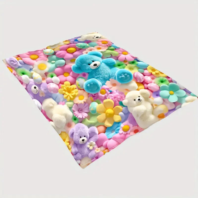2D Teddy Pastel Floral Print Throw Blanket - Kawaii Plush Super Soft Cozy Aesthetic Throw for Bedroom Room Decor, Whimsical Home Decor Item, Cool Gift for Kids