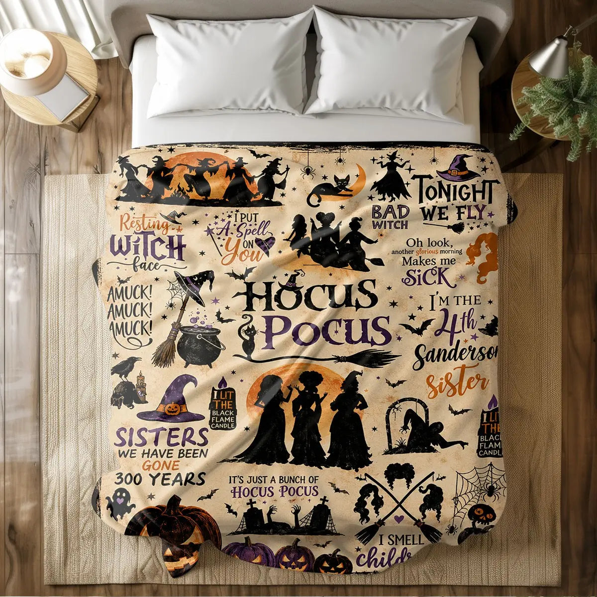 Comfortable Halloween Three Witches & Pumpkin Print Flannel Blanket, Soft Warm Anti-Pilling Cozy Throw, Ideal Fall & Winter Gift, Fall Blankets