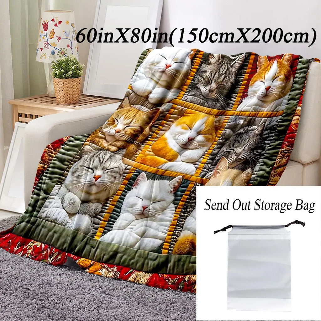 Cat Pattern Flannel Blanket, 1 Count Soft Comfortable Cozy Graphic Throw Blanket with Storage Bag, Air-conditioned Room Blanket, Warm Nap Blanket for Home Office Travel, Cozy Blankets