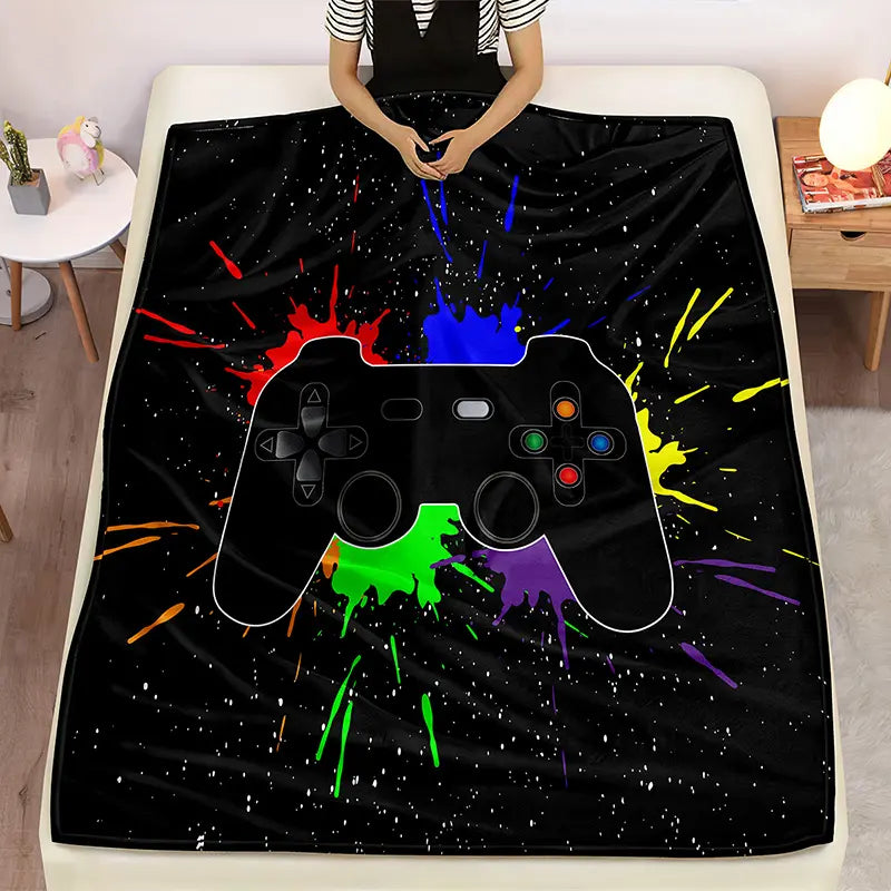 Gamepad Pattern Flannel with Storage Bag, 1 Count Soft Throw Blanket for Sofa, Bed, Couch, Warm & Comfortable Blanket for Home, Travel, Camping, Office, Flannel Throw Blankets, Lightweight Flannel Blanket, Soft Blankets and Throws