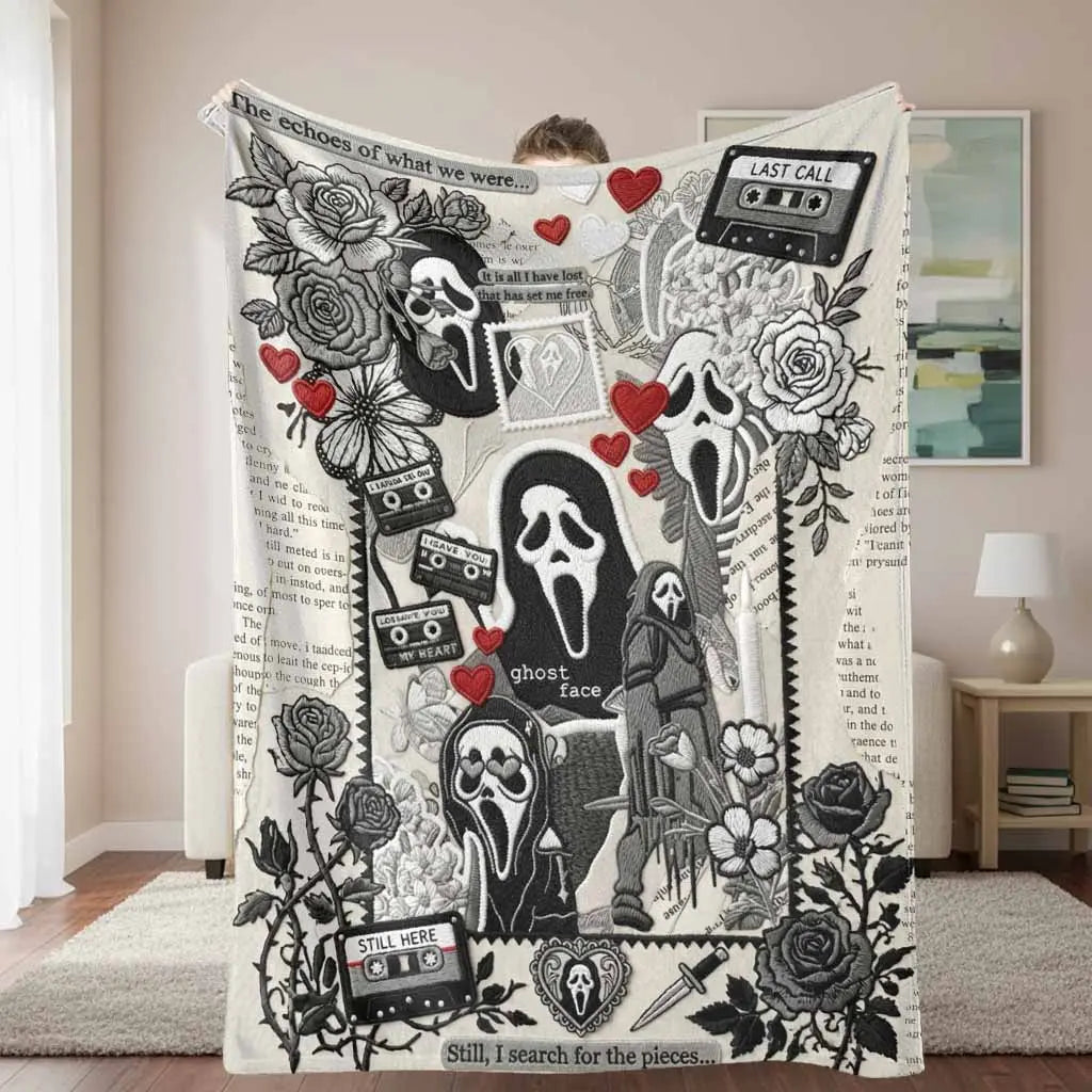 Ghost Face Roses Floral Cassette Embroidery Flannel Blanket - Soft, Warm, Lightweight, Wrinkle Resistant, Art Print Throw with Floral Accents & Face Print Option, Bedroom Decor, Halloween Decorations, House Decor Gift