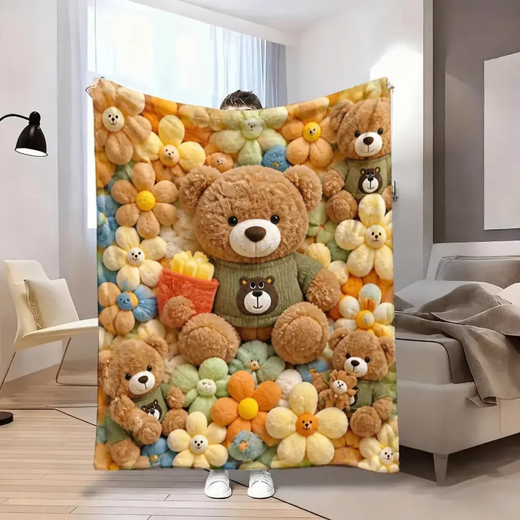 2D Teddy Pastel Floral Print Throw Blanket - Kawaii Plush Super Soft Cozy Aesthetic Throw for Bedroom Room Decor, Whimsical Home Decor Item, Cool Gift for Kids