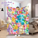 2D Teddy Pastel Floral Print Throw Blanket - Kawaii Plush Super Soft Cozy Aesthetic Throw for Bedroom Room Decor, Whimsical Home Decor Item, Cool Gift for Kids