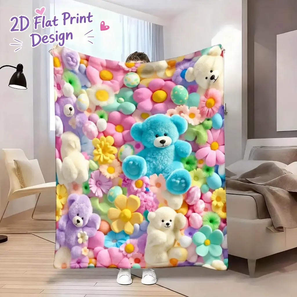 2D Teddy Pastel Floral Print Throw Blanket - Kawaii Plush Super Soft Cozy Aesthetic Throw for Bedroom Room Decor, Whimsical Home Decor Item, Cool Gift for Kids